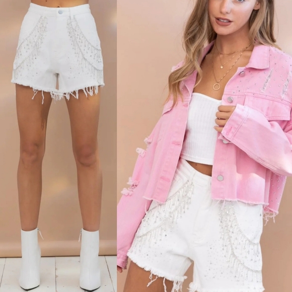 Juliana's Boutique Pants - Juliana's White Rhinestone Shorts Denim Coastal Cowgirl Taylor Swift Denim Small